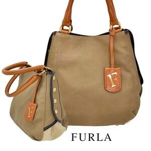 Furla Brown & Tan Double Top Handle Canvas Bag